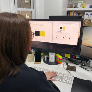 g on a computer with two large monitors. The screens display a colour palette selection and an accessible colour palette builder. The desk has a keyboard, a smartphone on a stand, stationery, and colourful labelled blocks. In the background, there are bookshelves, office supplies, and another person partially visible behind the monitors.